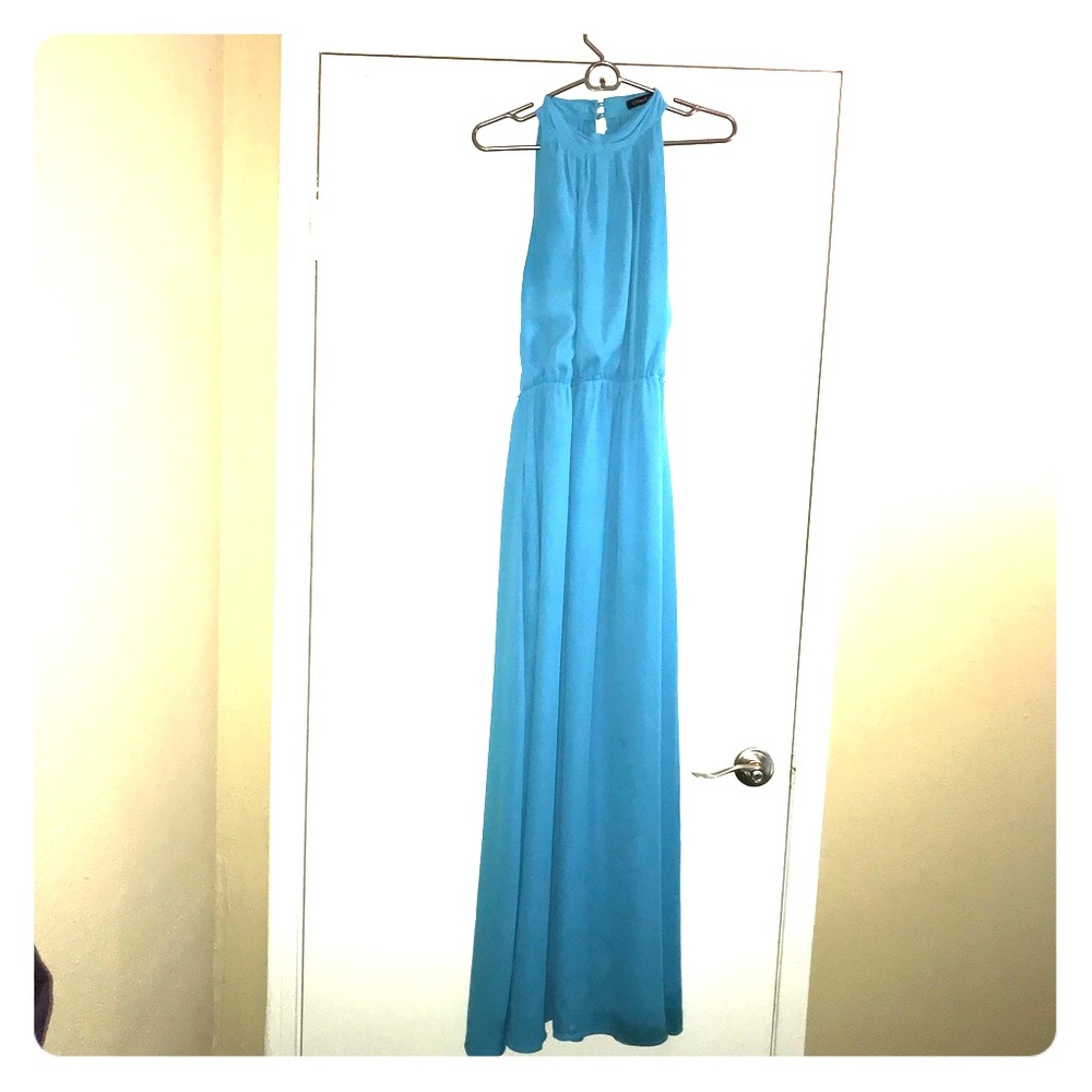 CQ Floor Length Aqua Halter Dress with Open Back
